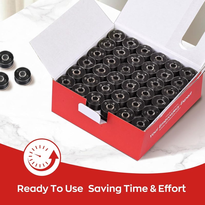 Poolin RICHWORD Pre-wound Bobbins, Plastic Sided 144pcs Size L(SA155), 75D/2(60WT) Polyester Bobbin Thread for Embroidery and Sewing Machine, Black 120 Yards, PWB01 - Image 2